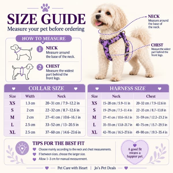 Size guide for the personalised purple Halloween dog collar and harness with neck and chest measurements from XS to XL
