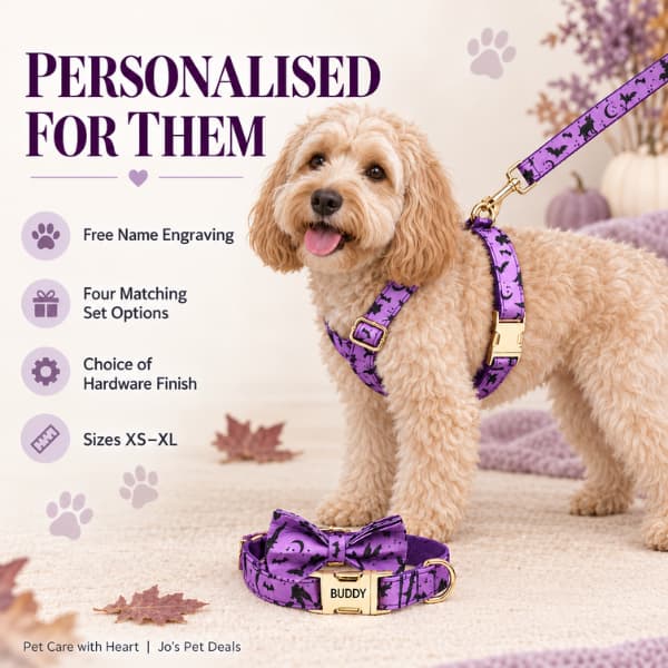 Cream Cockapoo wearing a personalised purple Halloween harness with the lead attached to the back D-ring and matching bow-tie collar
