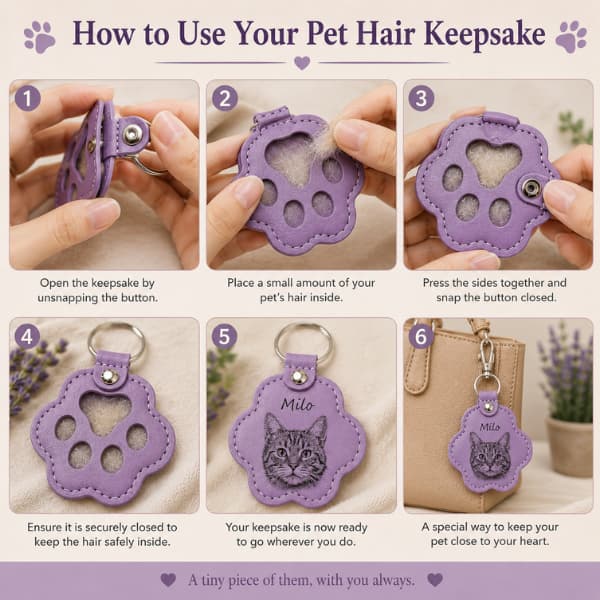 How to use a personalised pet hair keepsake keychain with engraved pet portrait