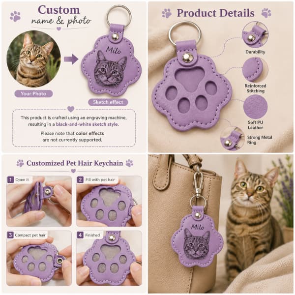 Purple personalised pet photo paw keychain showing engraving, pet hair keepsake compartment and product details