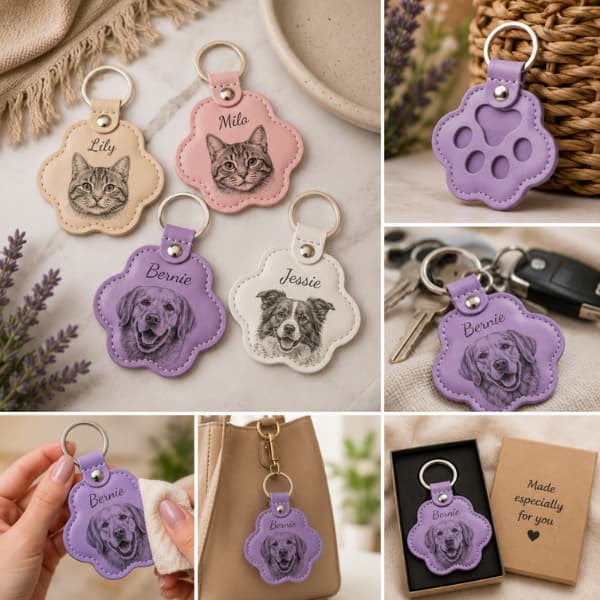 Personalised pet photo paw keychains in purple, pink, beige and white with engraved pet portraits