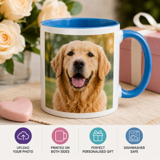 Personalised pet photo mug with custom dog picture printed on a ceramic mug and blue handle