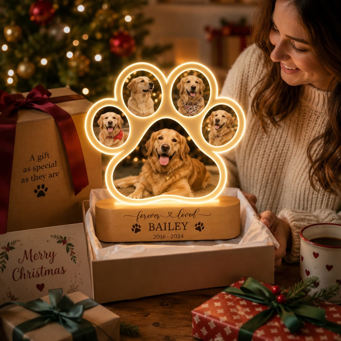 Personalised pet photo paw night light presented as a Christmas gift for a pet lover