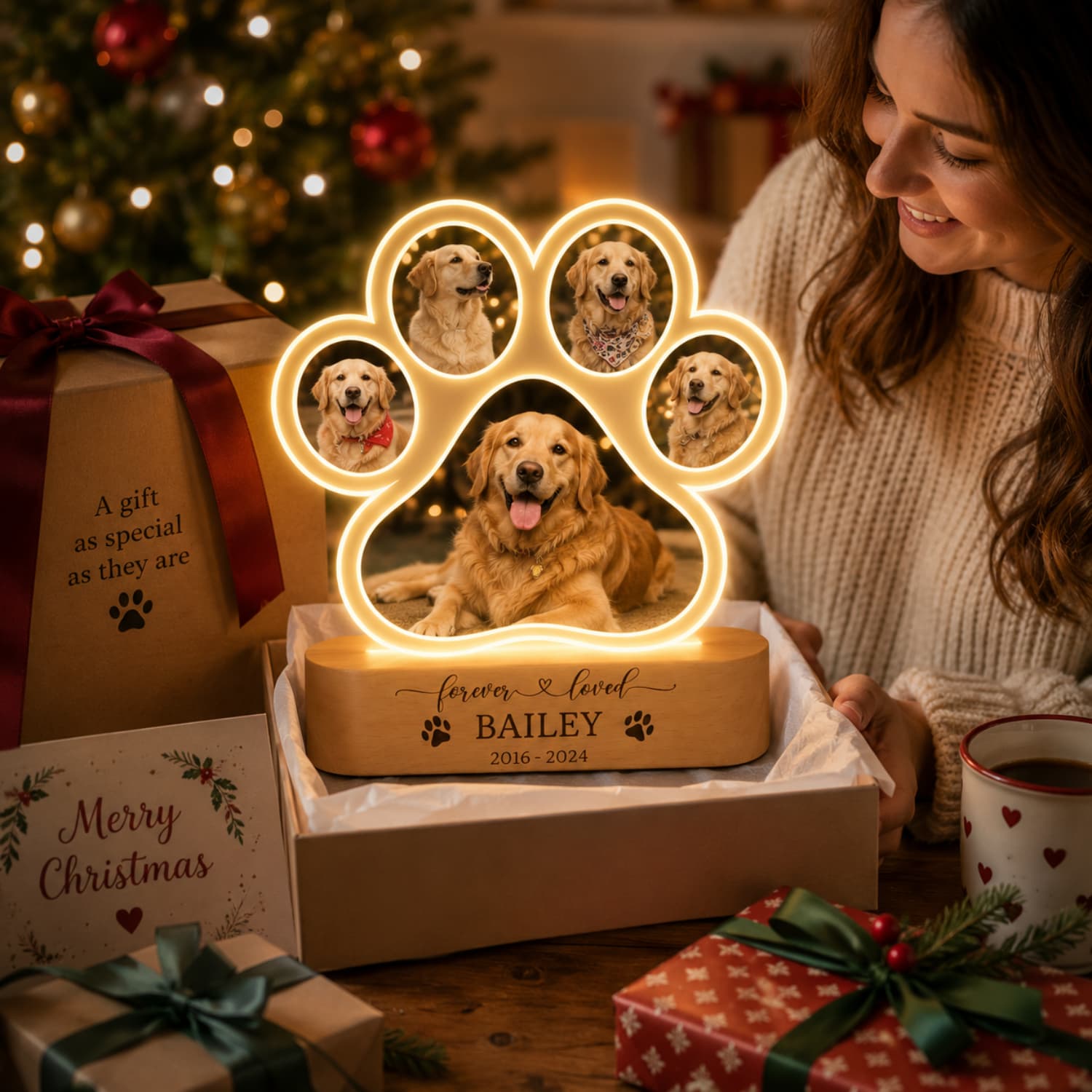 Personalised pet photo paw night light presented as a Christmas gift for a pet lover