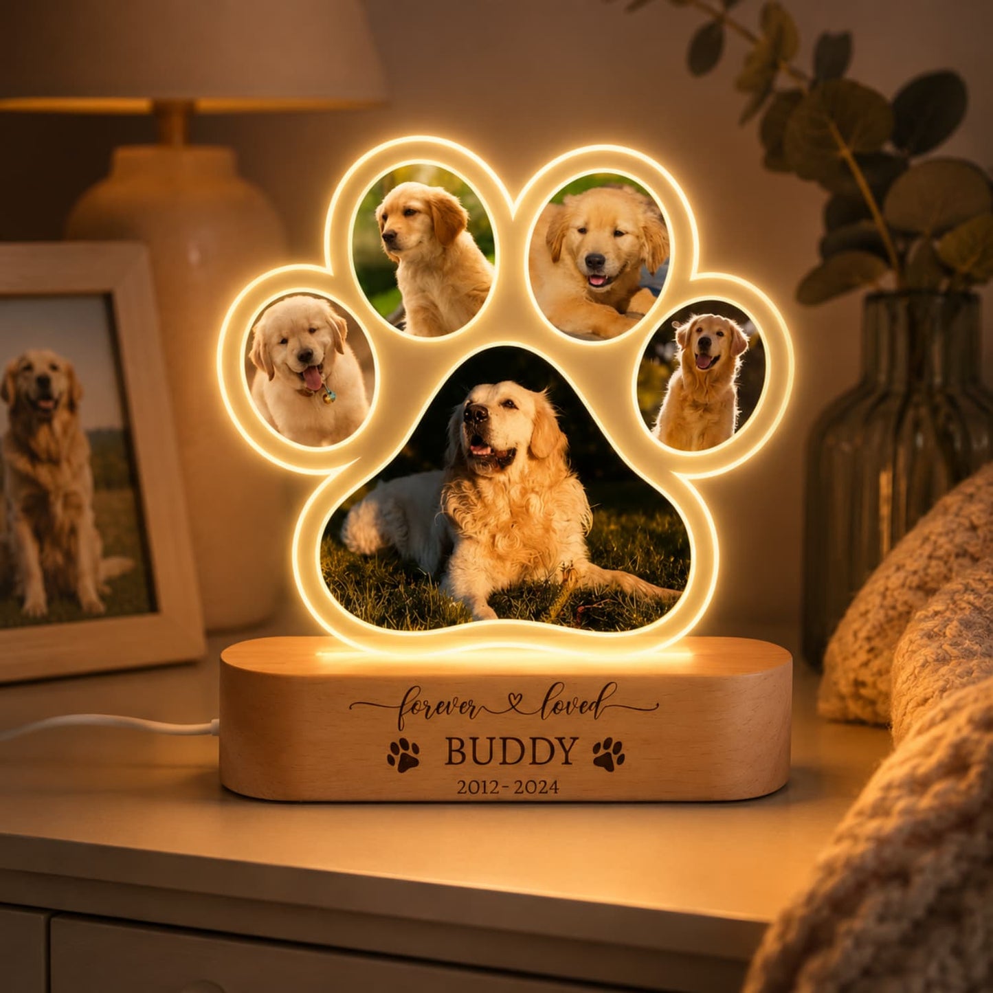 Personalised pet photo paw night light glowing warmly on a bedside table