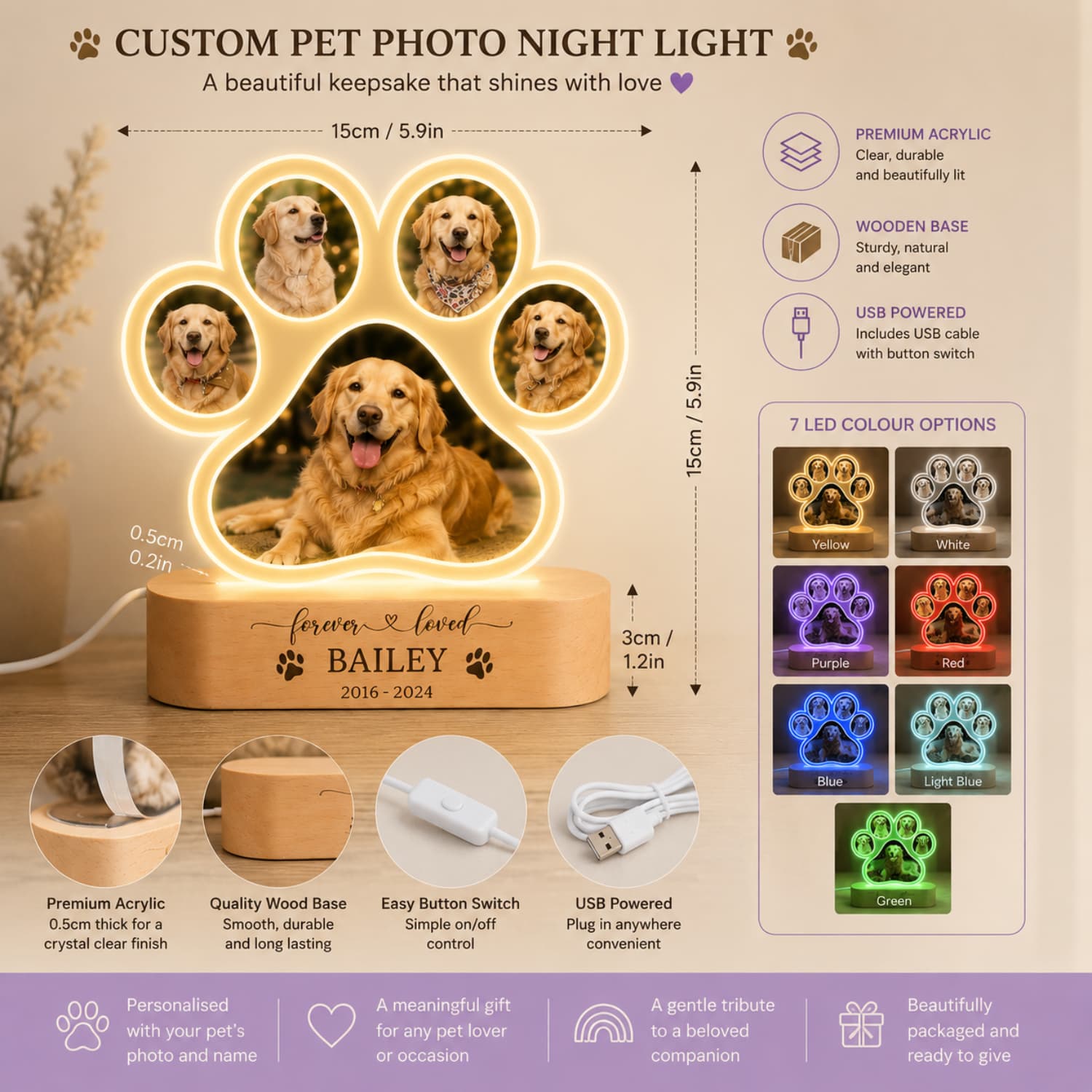 Personalised pet photo night light showing size, acrylic material, wooden base, USB power and seven LED colours