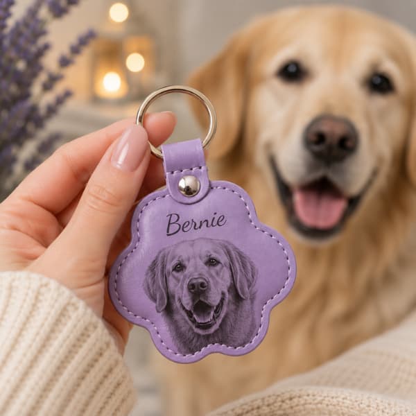 Purple personalised pet photo paw keychain engraved with a dog portrait and name