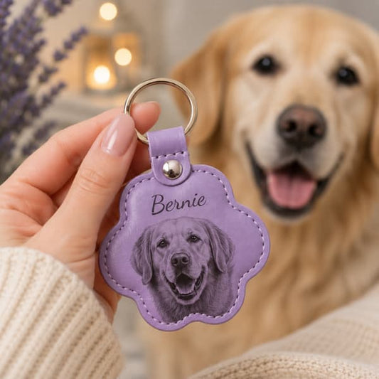 Purple personalised pet photo paw keychain engraved with a dog portrait and name