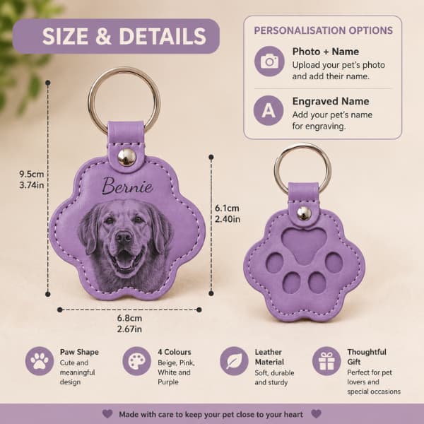 Personalised pet photo paw keychain size guide showing dimensions and engraving options