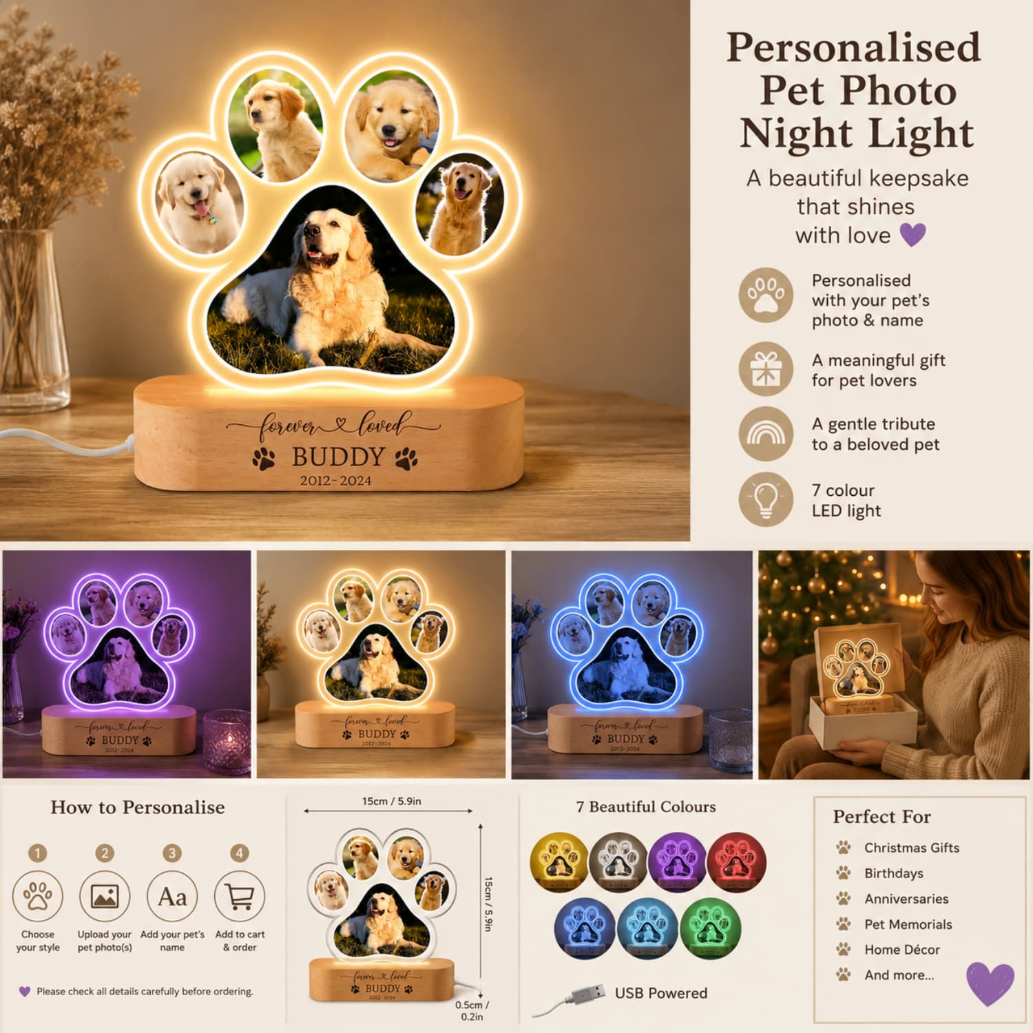 Personalised pet photo paw night light with custom pet photos, name and seven LED colours