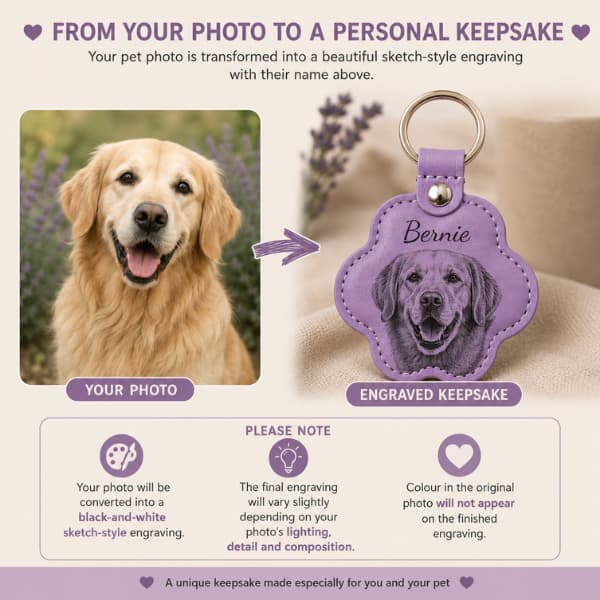Pet photo transformed into a black-and-white sketch engraving on a personalised paw keychain