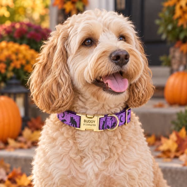 Cream Cockapoo wearing a personalised purple Halloween dog collar with the name and phone number engraved on the gold buckle