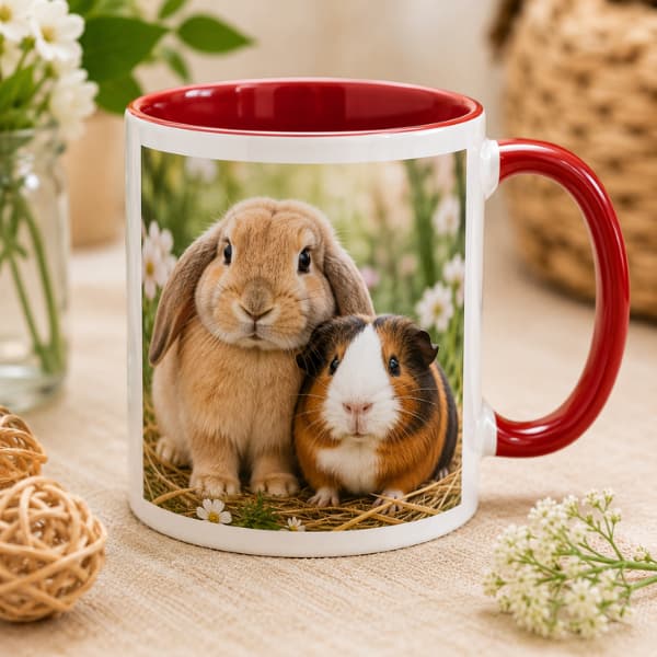 Personalised photo mug featuring a rabbit and guinea pig printed on a ceramic mug with red handle