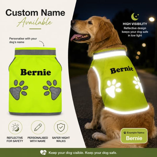 Golden retriever wearing a personalised reflective dog safety vest with the name Bernie for improved visibility and safer nighttime walks