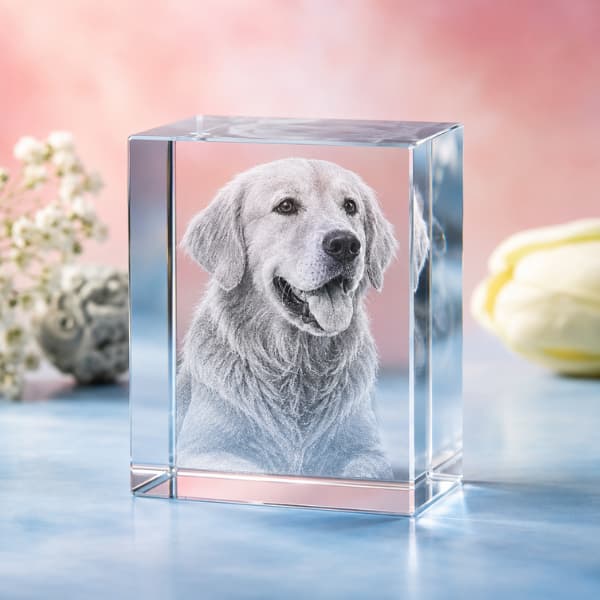 Personalized 3D crystal pet memorial keepsake featuring a custom dog photo engraved inside premium crystal glass