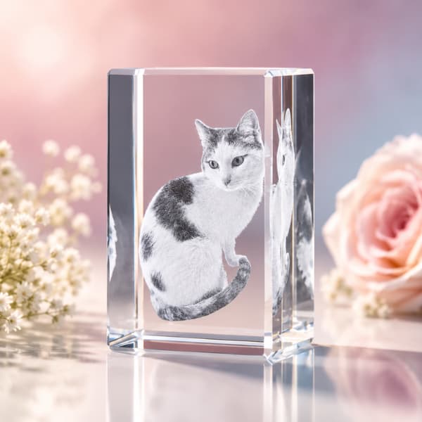 Personalized cat memorial crystal keepsake featuring a custom cat photo engraved inside premium crystal glass
