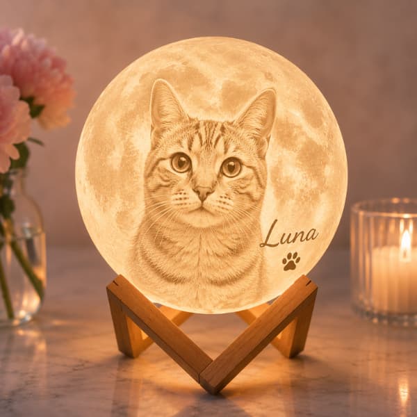 Personalized cat photo moon lamp featuring a custom cat portrait and name illuminated on a glowing moon lamp