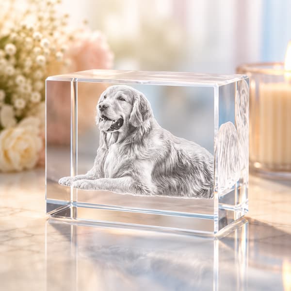 Personalized dog memorial crystal keepsake featuring a custom dog photo engraved inside premium crystal glass