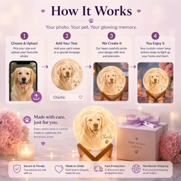 How personalized pet photo moon lamps are created from a pet photo to a custom glowing moon lamp keepsake