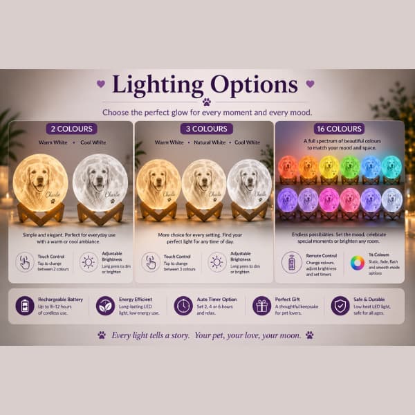 Personalized pet photo moon lamp lighting options showing 2 colour, 3 colour and 16 colour LED versions