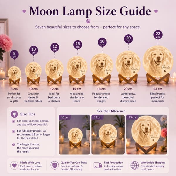 Personalized pet photo moon lamp size guide showing available sizes from 8cm to 23cm with custom dog photo examples