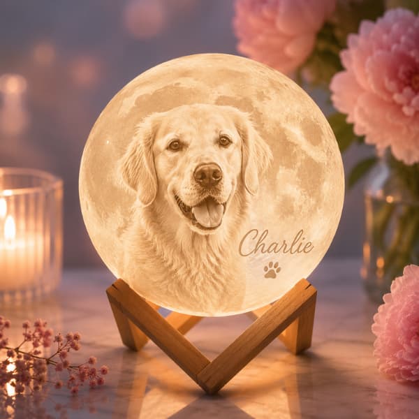 Personalized pet photo moon lamp featuring a custom dog portrait and name illuminated on a glowing 3D printed moon lamp