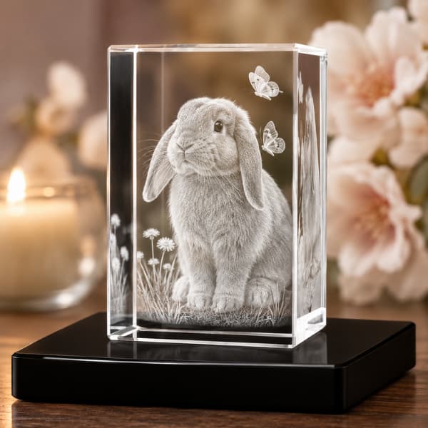 Personalized rabbit memorial crystal keepsake featuring a custom rabbit photo engraved inside premium crystal glass