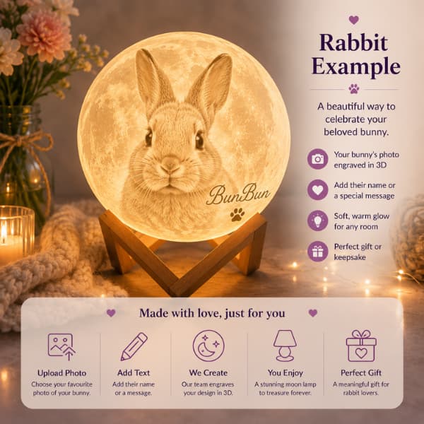 Custom rabbit photo moon lamp keepsake with personalized bunny image and name on a warm glowing night light