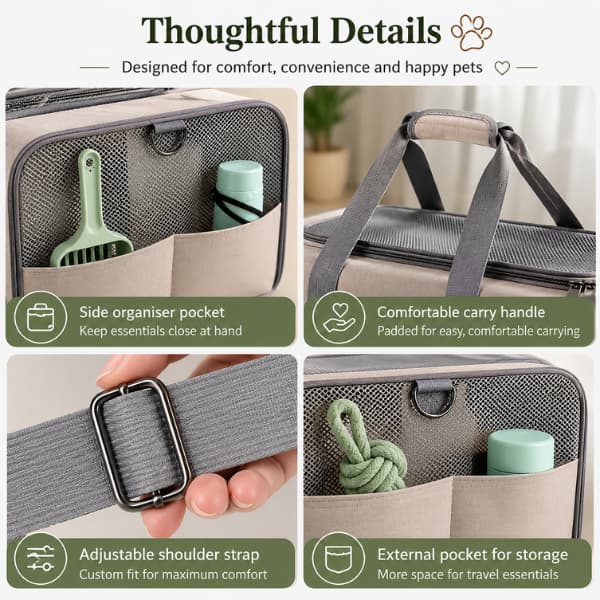 Pet travel carrier featuring organiser pocket, padded carry handle, adjustable shoulder strap and external storage pocket