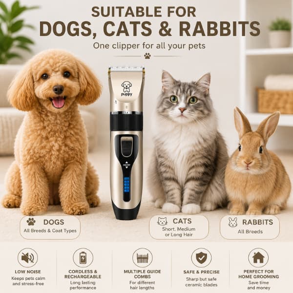 Cordless pet grooming clippers suitable for dogs, cats and rabbits with rechargeable design, guide combs and quiet grooming technology