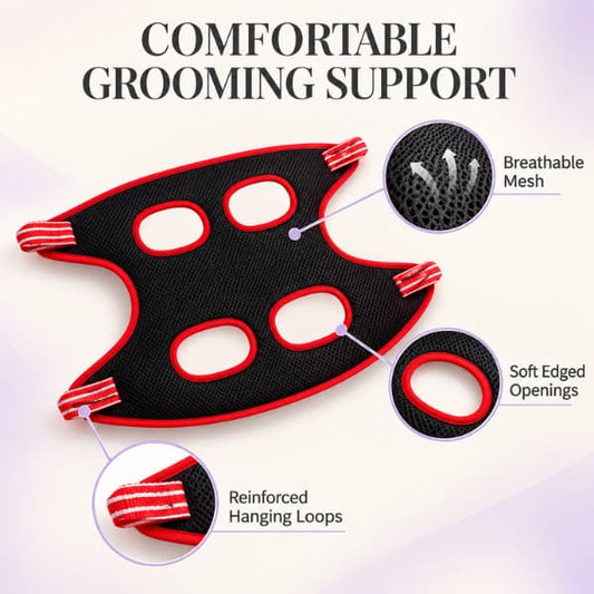 Black and red pet grooming support sling showing breathable mesh, soft-edged leg openings and reinforced hanging loops