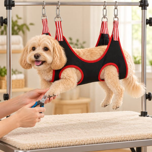 Small cream dog supported in a black and red pet grooming sling during gentle nail trimming