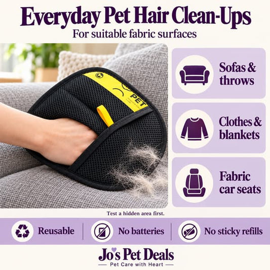 Black and yellow Pro pet hair removal glove on a fabric sofa, with icons showing use on sofas, throws, clothing, blankets and fabric car seats.
