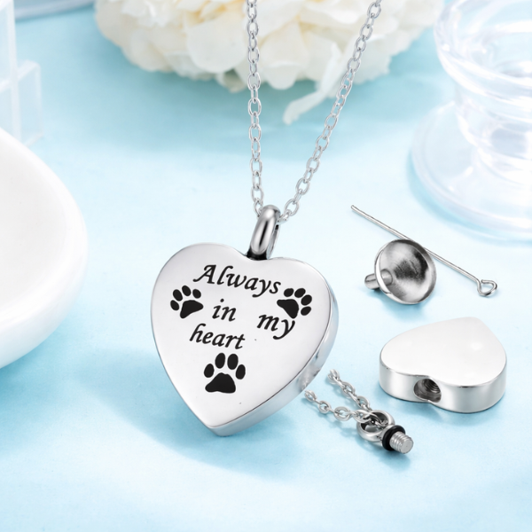 pet memorial ashes necklace paw print heart keepsake pendant stainless steel