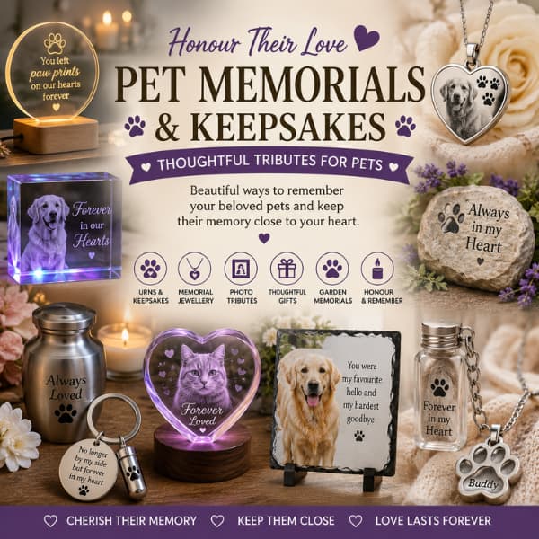 Pet memorials and keepsakes collection featuring urns memorial jewellery photo tributes plaques and remembrance gifts for dogs and cats
