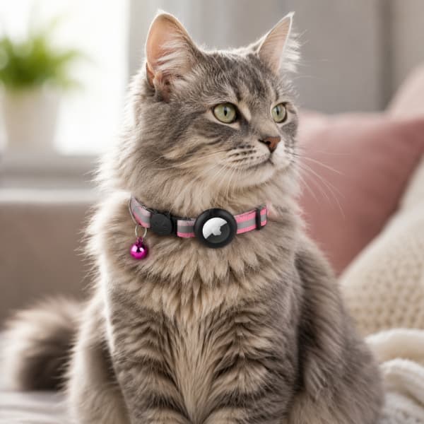 Fluffy grey cat wearing a pink reflective AirTag safety collar with bell while relaxing indoors in a cozy home
