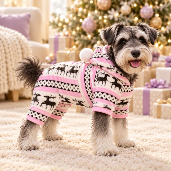 Miniature schnauzer wearing a pink and cream reindeer fleece onesie with a pompom hood beside a Christmas tree.