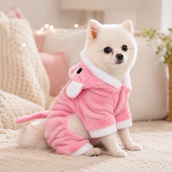 Small fluffy white dog wearing a soft pink winter onesie sitting in a cozy indoor living room setting