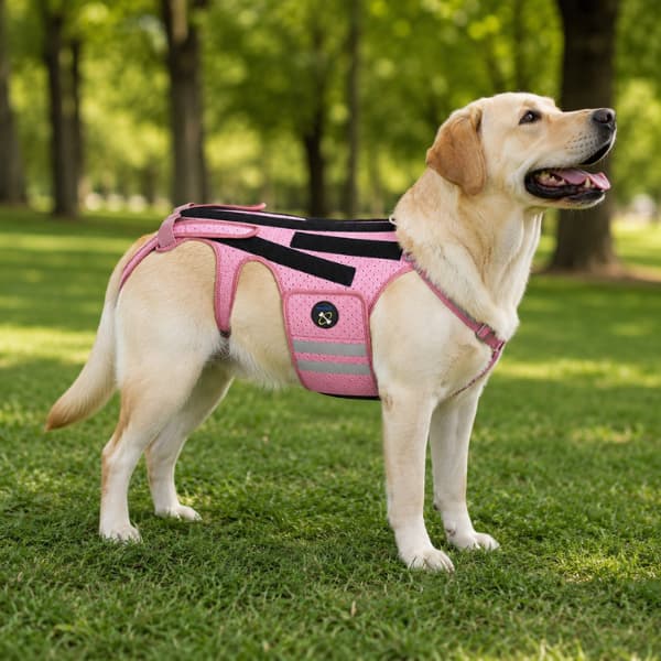 Labrador wearing a pink adjustable dog back brace in a sunny park providing comfortable everyday spine support and mobility assistance