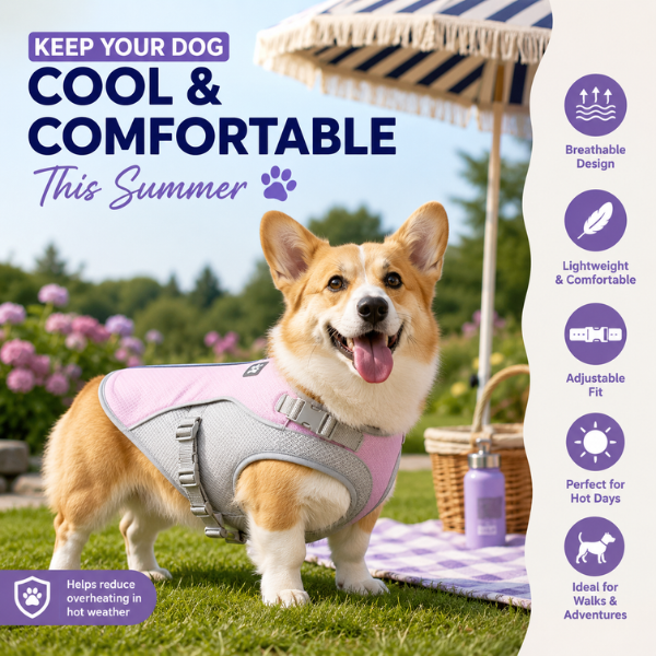 Breathable pink dog cooling vest for summer comfort and heat protection during walks and outdoor activities