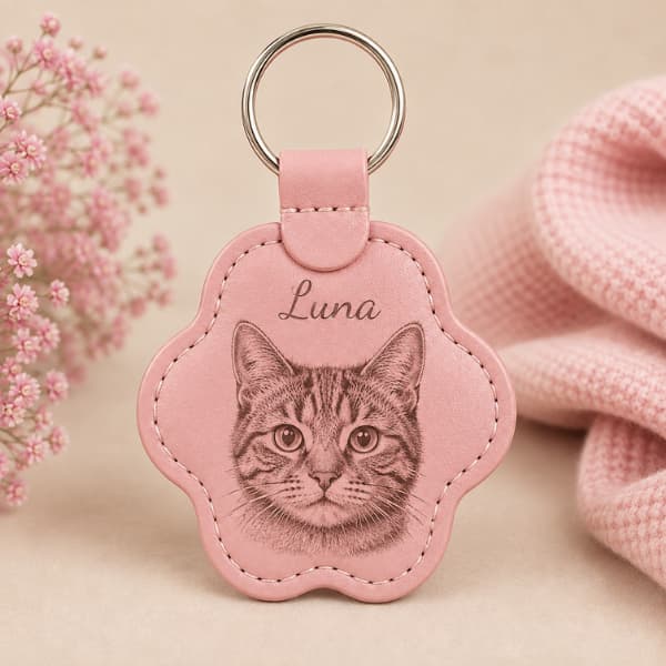 Pink personalised pet photo paw keychain engraved with a cat portrait and name