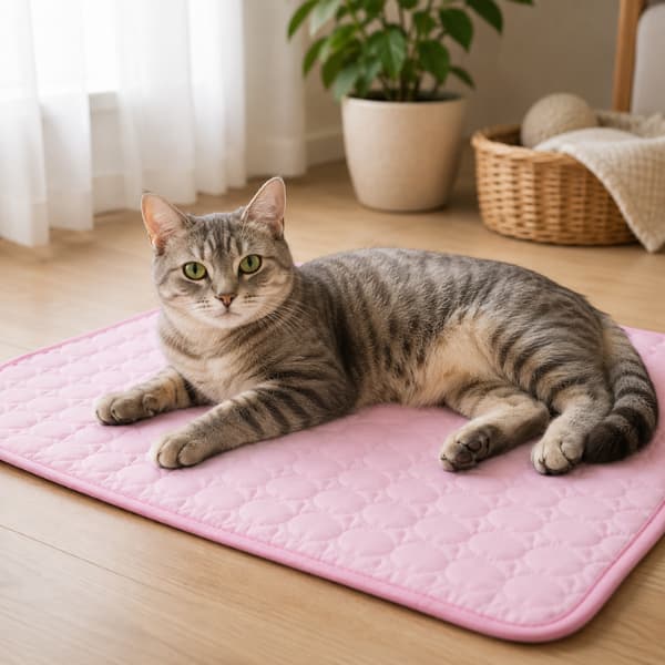 Grey tabby cat relaxing on a pink cooling mat indoors to stay comfortable during warm summer weather