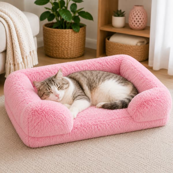 Tabby cat sleeping in a bright pink plush bolster cat bed with soft raised edges.