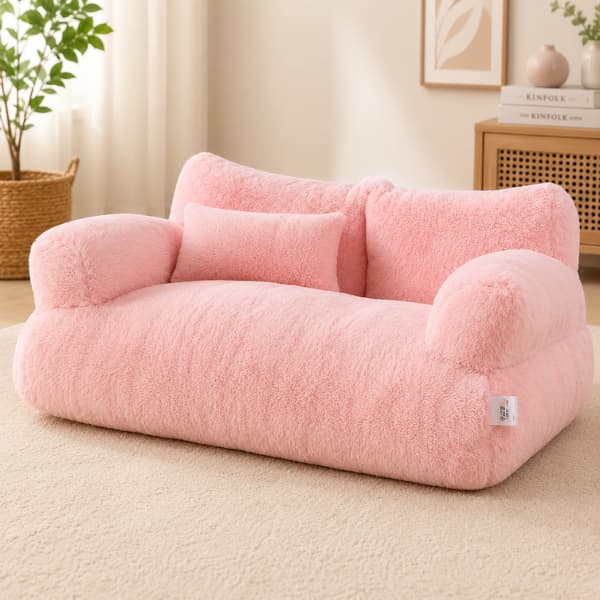 Soft pink plush pet sofa bed with faux fur fabric and supportive cushion for cats and small dogs indoors