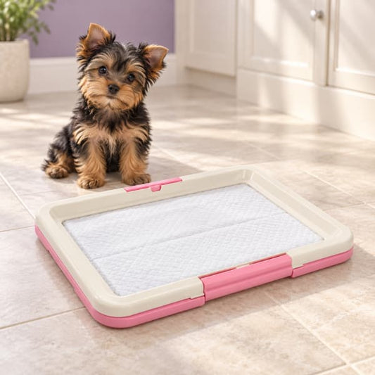 Yorkshire Terrier puppy beside a pink puppy pad holder with a cream clip-close frame securing a white training pad.