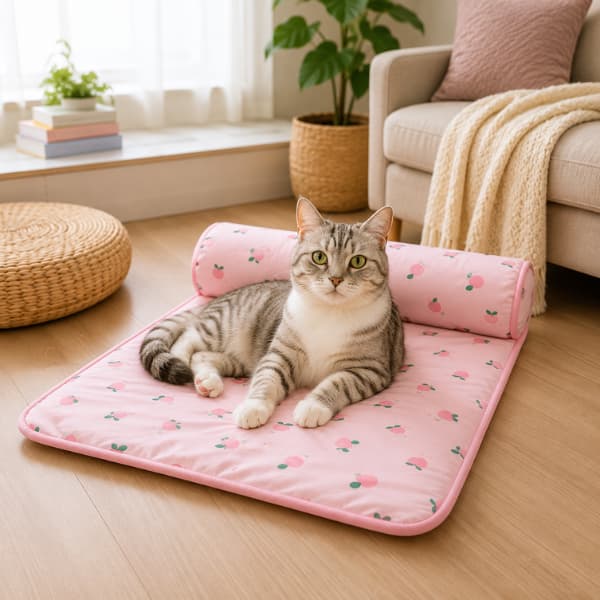 Grey tabby cat relaxing on a pink summer cooling pet mat with supportive headrest in a bright modern living room