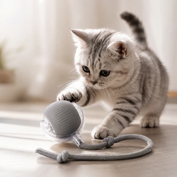 Playful gray tabby kitten interacting with a soft interactive ball toy with rope indoors