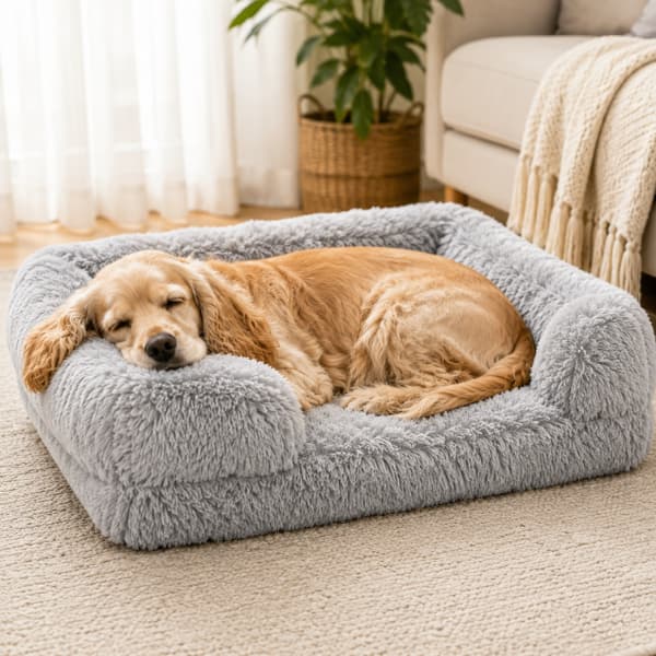 Golden dog sleeping in a light grey plush bolster dog bed with its head resting on the soft raised edge.