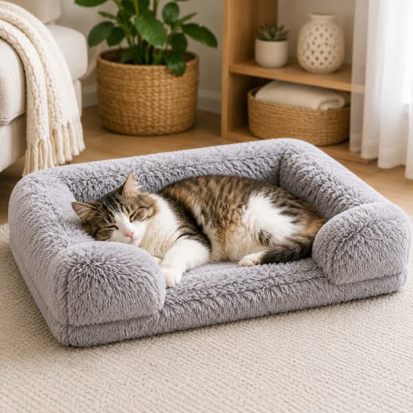 Tabby cat sleeping in a light grey plush bolster pet bed with soft raised edges.