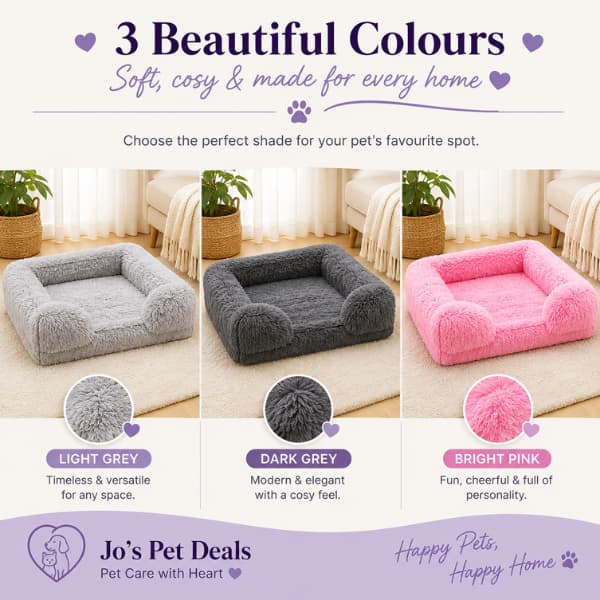 Plush bolster dog and cat bed available in light grey, dark grey and bright pink.